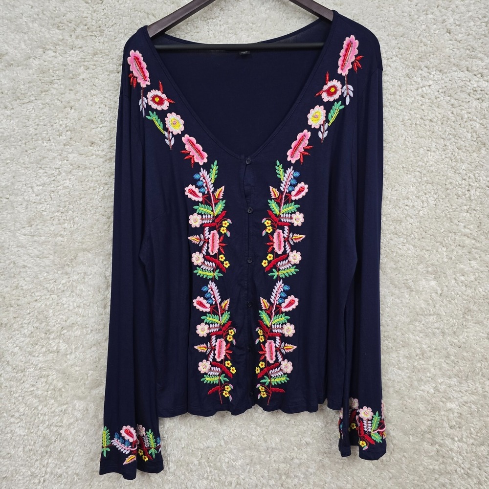 Boston Proper Womens Embroidered Flare Sleeve V Neck Top Size XL Boho Festival